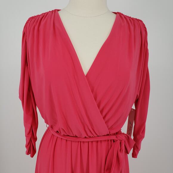 Eliza J Faux Wrap Cocktail Dress 10 Jersey Knit Belted V Neck High Low Hem Pink - Picture 9 of 13